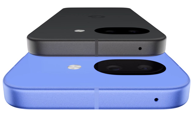 Rear design of the Google Pixel 10a in Obsidian and Lavender, showing the pill-shaped dual-camera setup and flat frame.