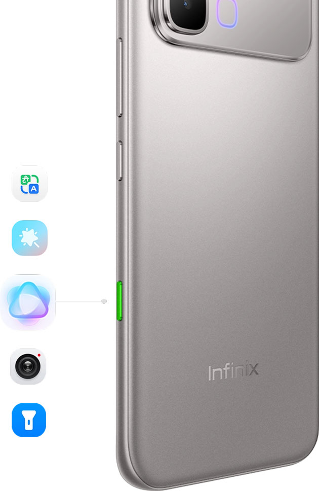 Rear side view of a silver Infinix Note Edge smartphone, highlighting a small, vibrant green physical shortcut button on the side.