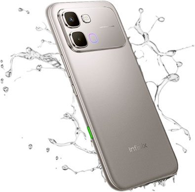 Rear view of a lunar titanium Infinix Note Edge smartphone being splashed with water, demonstrating its water-resistant design and durability features.