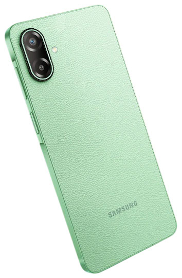 Rear view of the Samsung Galaxy F70e 5G in Limelight Green, showing its dual camera setup and premium leather-textured back panel.