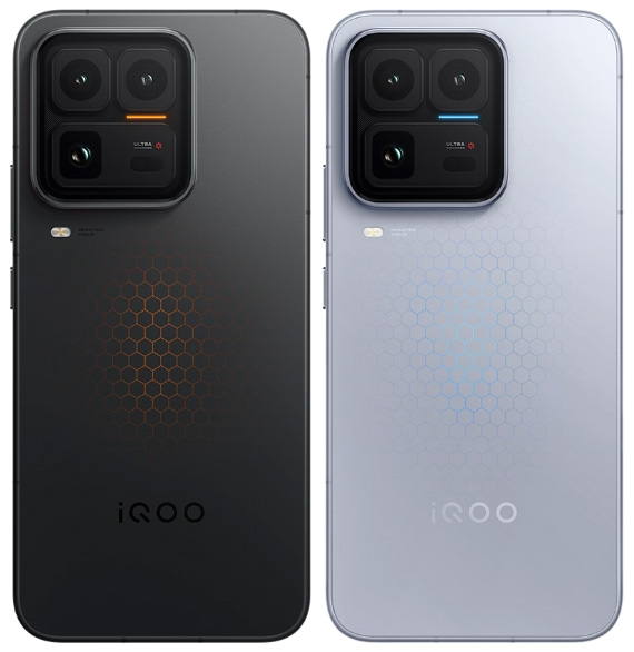 Rear view of the iQOO 15 Ultra in two color variants Black with an orange honeycomb pattern and Silver with a blue honeycomb pattern, both featuring a large triple-camera module.