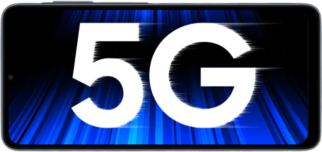 Samsung Galaxy A07 5G marketing image emphasizing fast 5G network capabilities on its large edge-to-edge display.