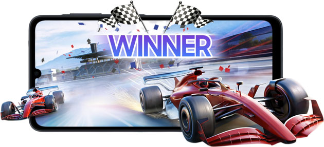 Samsung Galaxy A07 5G screen displaying a fast-paced racing game, highlighting its multitasking and gaming capabilities.