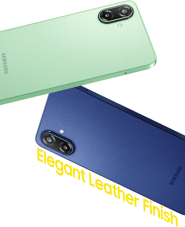Samsung Galaxy F70e 5G in Limelight Green and Spotlight Blue showing the premium leather finish and dual rear camera setup.