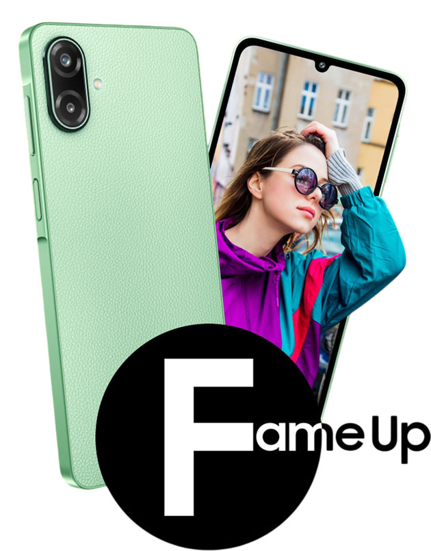 Samsung Galaxy F70e 5G shown from the front and back, featuring a green leather-textured rear panel.