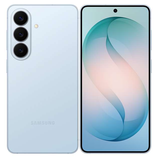Samsung Galaxy S26 Sky Blue, back and front view.