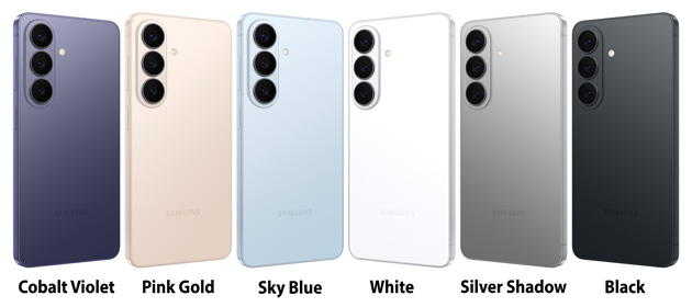 Samsung Galaxy S26 colors: Cobalt Violet, Pink Gold, Sky Blue, Silver Shadow, Black and White.