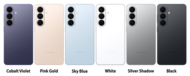 Samsung Galaxy S26 colors Cobalt Violet, Pink Gold, Sky Blue, White, Silver Shadow, and Black.