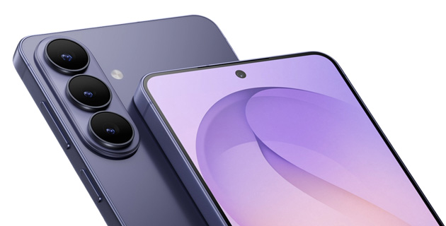 Samsung Galaxy S26 in Cobalt Violet showing the rear camera module and front screen.