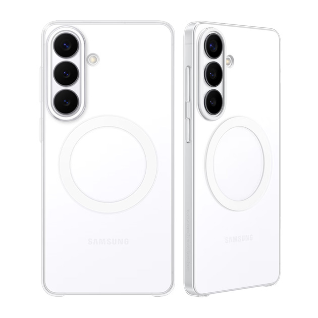 Samsung Galaxy S26 in a clear case with a magnetic charging ring, showing the rear triple-camera design.