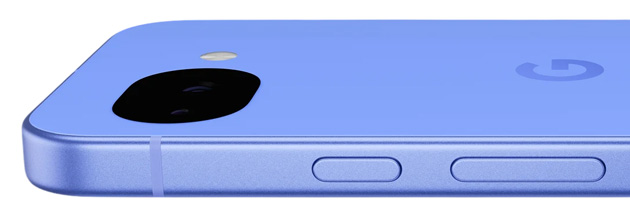 Side profile of the Lavender Google Pixel 10a showing the physical buttons and color-matched aluminum frame.