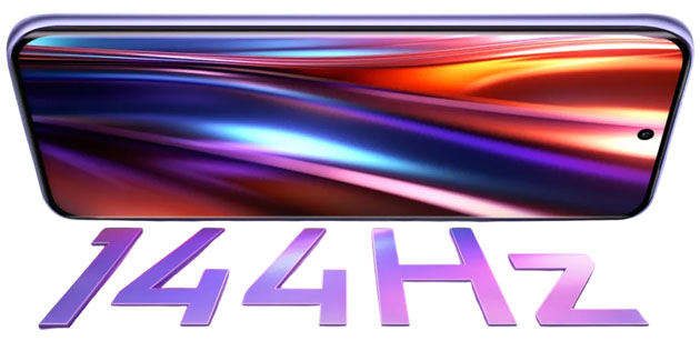 Tecno Pova Curve 2 smartphone display with 144Hz refresh rate graphic, showcasing its high-speed gaming and scrolling performance.