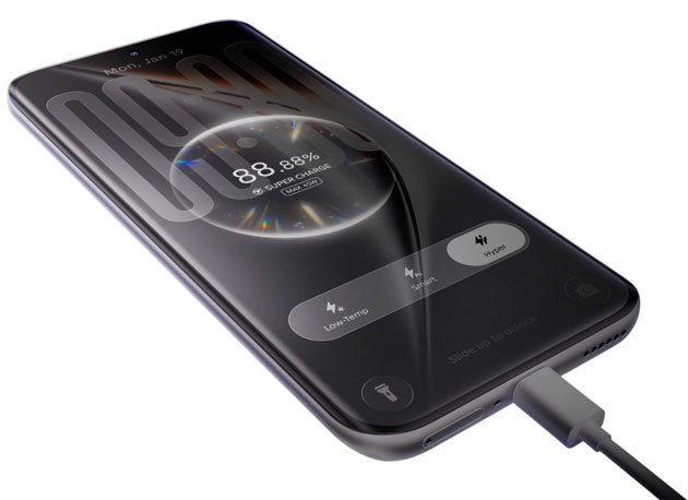 Tecno Pova Curve 2 smartphone featuring 45W Super Charge technology with various user-selectable charging modes displayed on the curved screen.