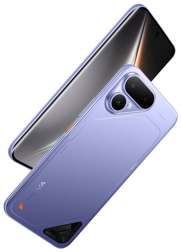 Tecno Pova Curve 2 smartphone featuring a 3D curved display, purple textured back, and unique camera module design.