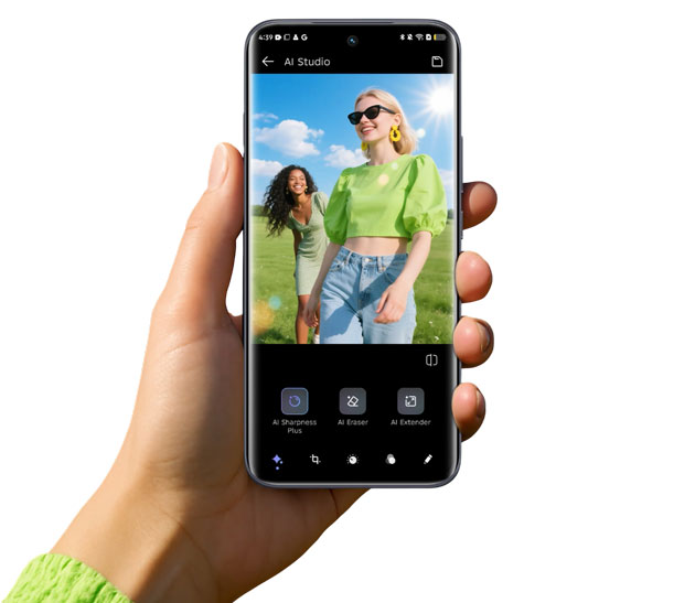 Tecno Pova Curve 2 smartphone running AI Studio, showcasing built-in AI Eraser and Sharpness Plus photo editing tools on its curved display.