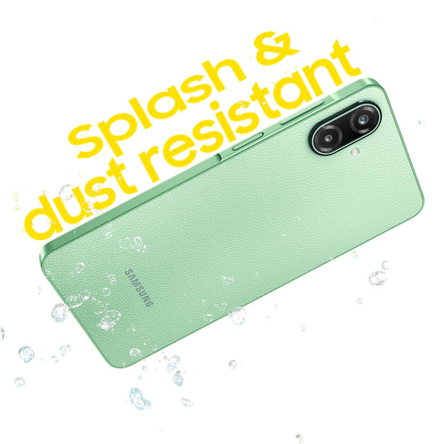 The back of a Limelight Green Samsung Galaxy F70e 5G shown with water droplets splashed against it, featuring the bold yellow text 'Splash & dust resistant' to highlight its durability features.
