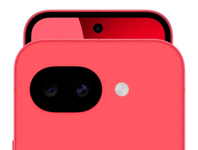 Top rear view of the Berry Google Pixel 10a showcasing the dual-camera pill design and hole-punch front camera.