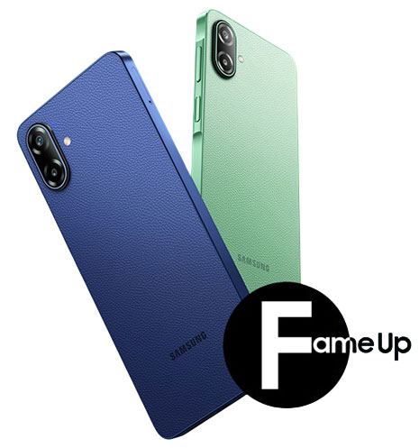 Two Samsung Galaxy F70e 5G smartphones shown from the back in blue and green.