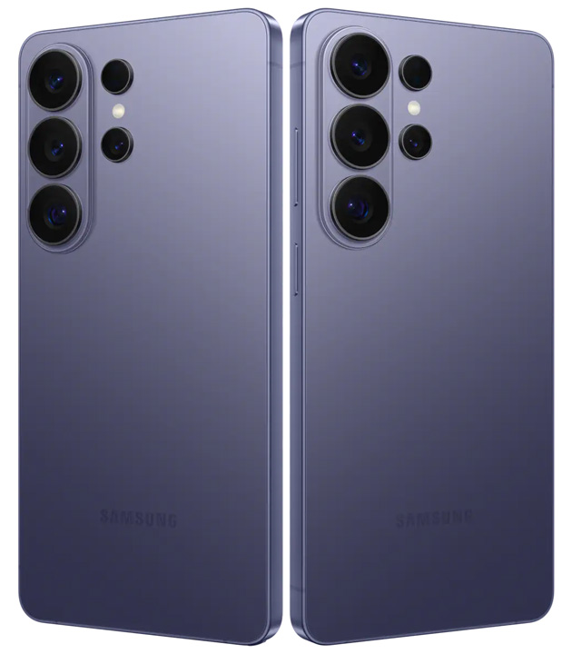 Two side-by-side rear angled views of the Samsung Galaxy S26 Ultra Cobalt Violet