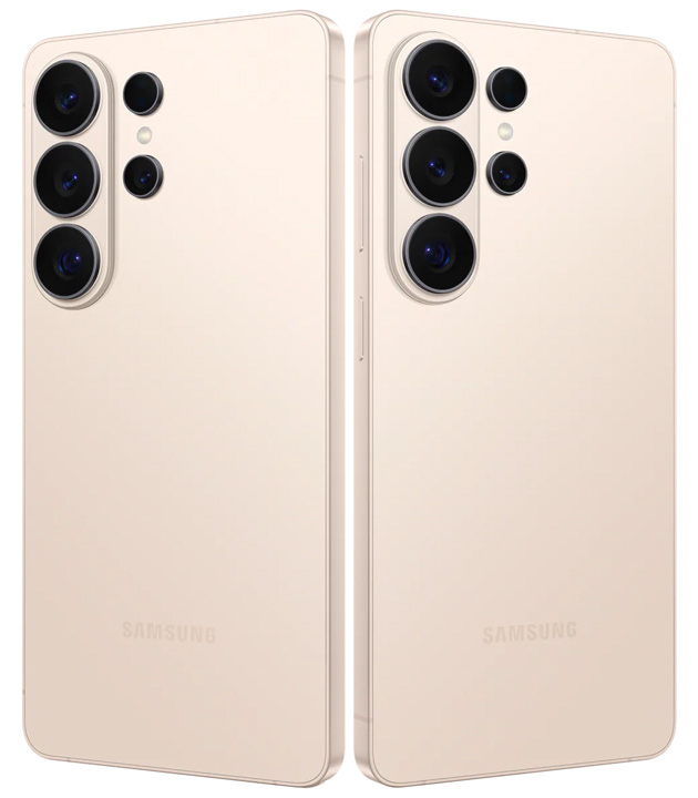 Two side-by-side rear angled views of the Samsung Galaxy S26 Ultra Pink Gold