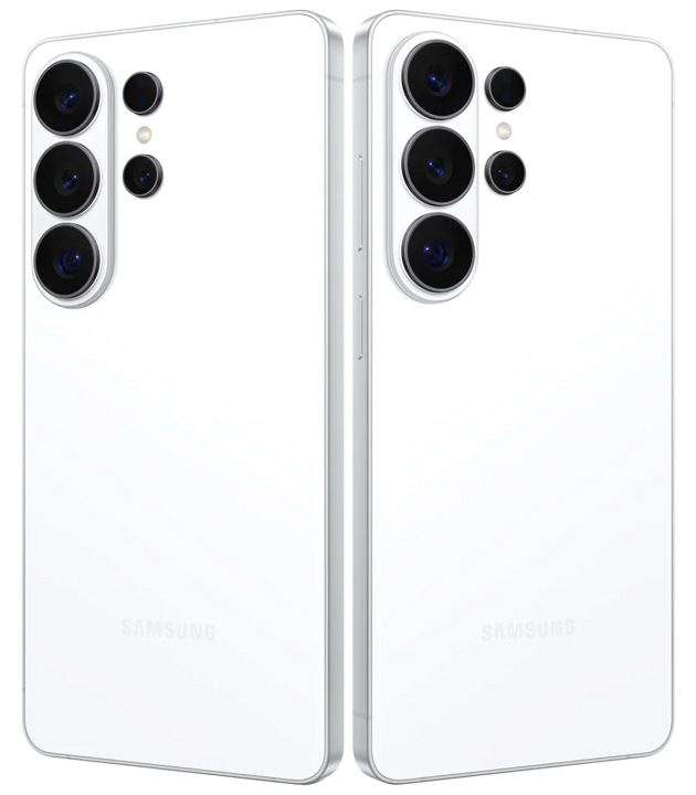 Two side-by-side rear angled views of the Samsung Galaxy S26 Ultra White