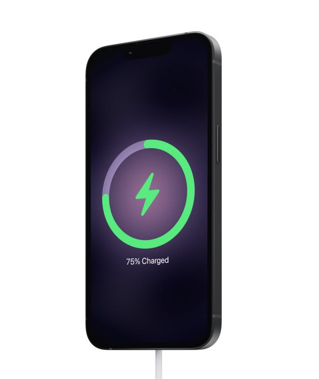 iPhone 17e display showing the battery charging status indicator at 75 on a screen iPhone 17e display showing the battery charging status indicator at 75% on a screen.