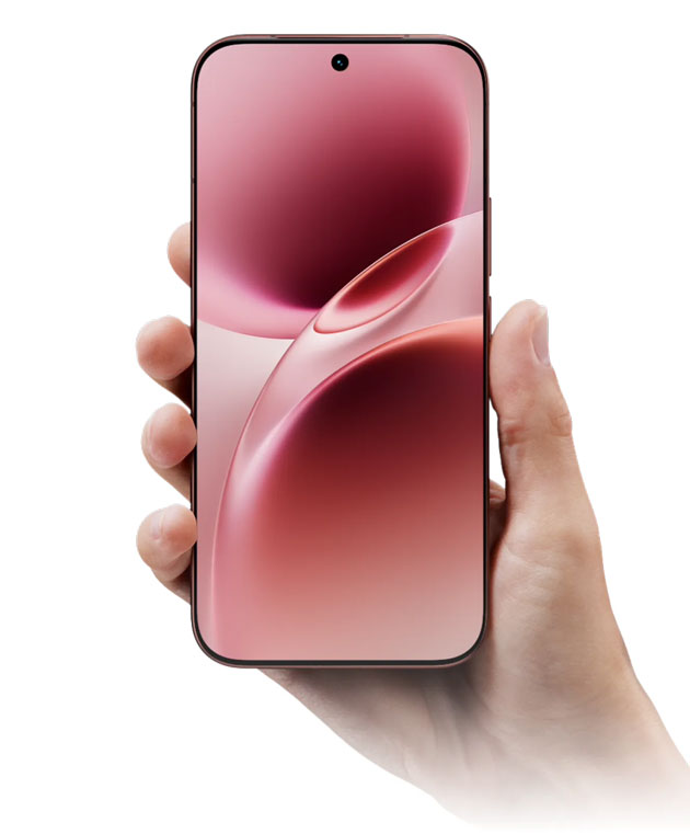 view of the vivo V70 smartphone with a large edge-to-edge display and passion red screen.