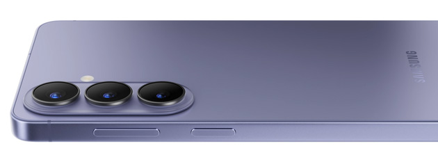 Angled view of the Samsung Galaxy S26 Plus Cobalt Violet camera module with an oval island design.