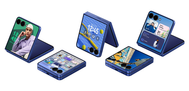 Design of Samsung Galaxy Z Flip 7 Blue Shadow in folded and half folded positions Design of Samsung Galaxy Z Flip 7 Blue Shadow in folded and half-folded positions