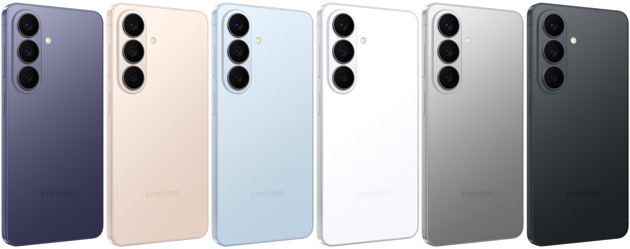 Samsung Galaxy S26 Plus colors Cobalt Violet, Pink Gold, Silver Shadow, Sky Blue, White, and Black.
