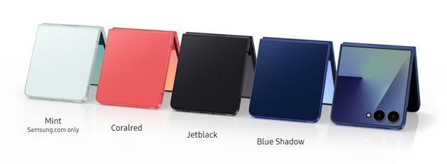 Samsung Galaxy Z Flip 7 colors Blue Shadow Coralred Mint and Jetblack Samsung Galaxy Z Flip 7 colors Blue Shadow, Coralred, Mint, and Jetblack.