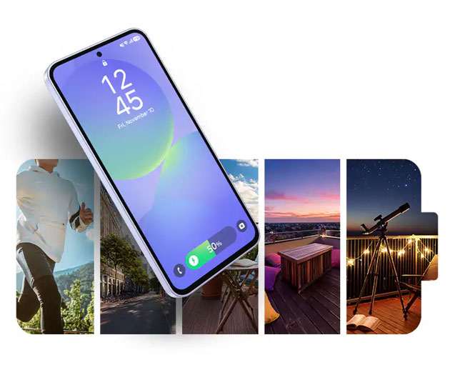 A Samsung Galaxy A36 smartphone angled over a large horizontal battery icon A Samsung Galaxy A36 smartphone angled over a large horizontal battery icon.