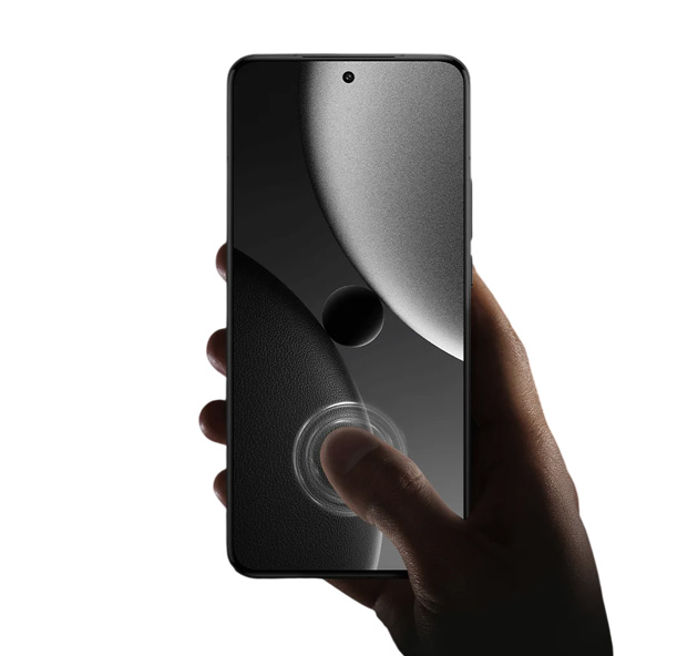 A front facing view of a hand holding the Xiaomi 15 Ultra A front-facing view of a hand holding the Xiaomi 15 Ultra, with a thumb pressing against the lower half of the screen to demonstrate the in-display ultrasonic fingerprint sensor, shown with a glowing concentric circle animation.
