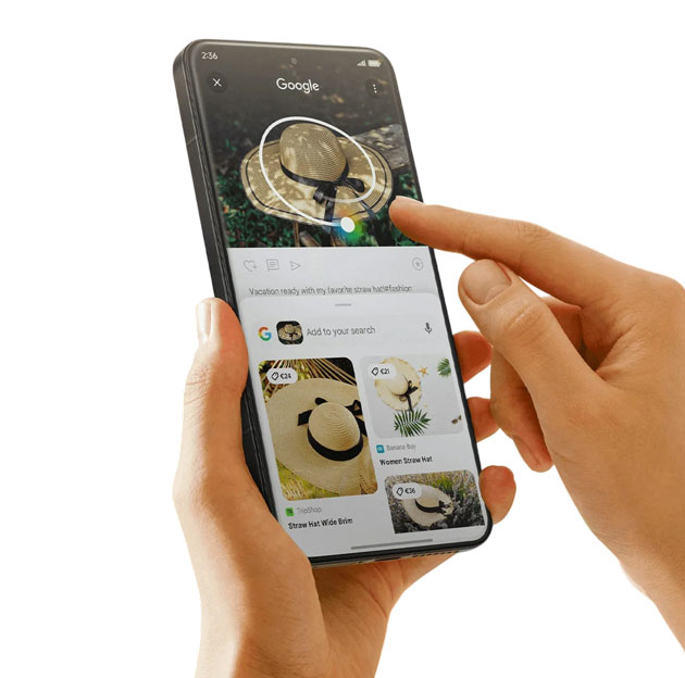 A person using the Circle to Search feature on the Xiaomi 15 Ultra circling a straw hat in a social media post to trigger a Google search overlay with shopping results for similar wide brim hats A person using the Circle to Search feature on the Xiaomi 15 Ultra, circling a straw hat in a social media post to trigger a Google search overlay with shopping results for similar wide-brim hats.