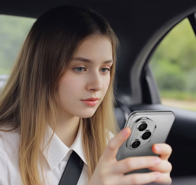 A young woman in the back seat of a car looks at her grey Honor 400 Pro smartphone A young woman in the back seat of a car looks at her grey Honor 400 Pro smartphone.