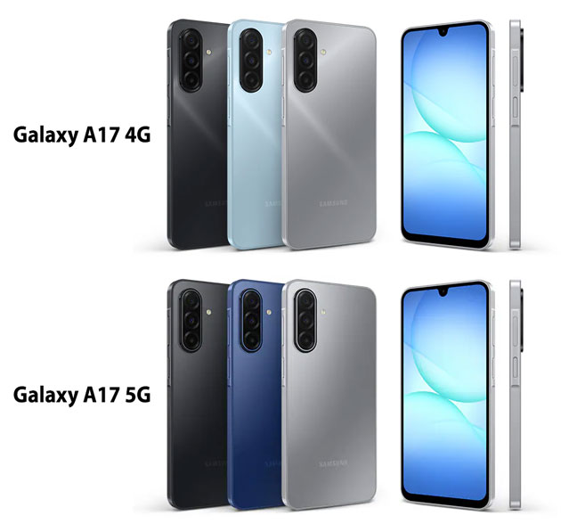 At the top, Samsung Galaxy A17 4G in black, light blue, and gray, and at the bottom, Samsung Galaxy A17 5G in black, blue, and gray.