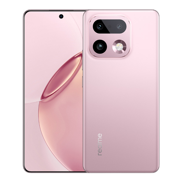 Back and front of Realme 16 Pro plus Camellia Pink Back and front of Realme 16 Pro+ Camellia Pink