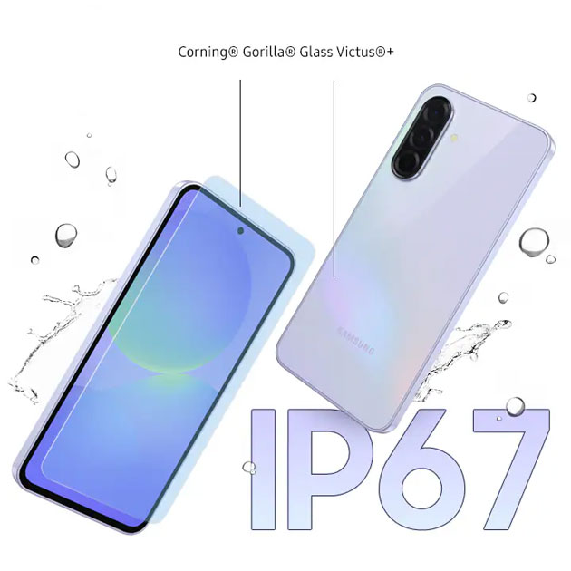 Back and front view of the Samsung Galaxy A36 lavender shown at an angle against a dramatic liquid water splash Back and front view of the Samsung Galaxy A36 lavender, shown at an angle against a dramatic liquid water splash.