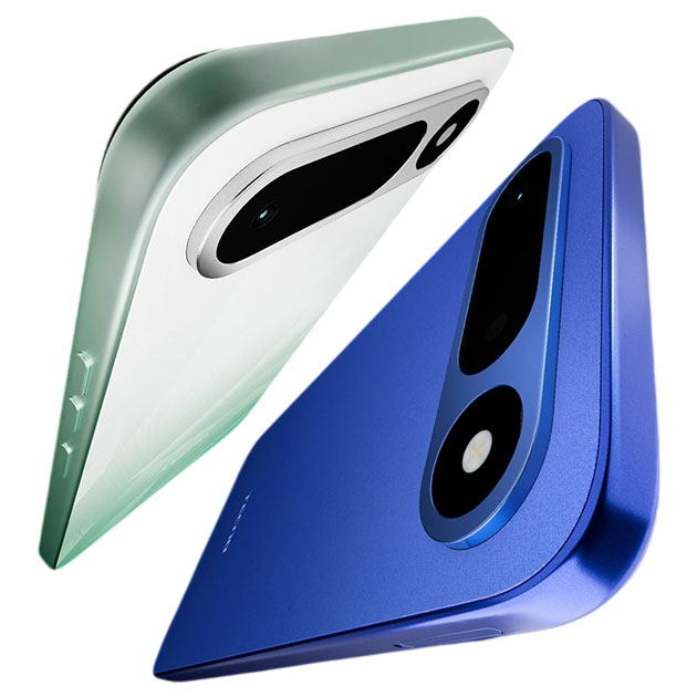 Close up angled view of two Tecno Pop X smartphones side by side in Ripple Green and Midnight Blue Close-up angled view of two Tecno Pop X smartphones side-by-side in Ripple Green and Midnight Blue.