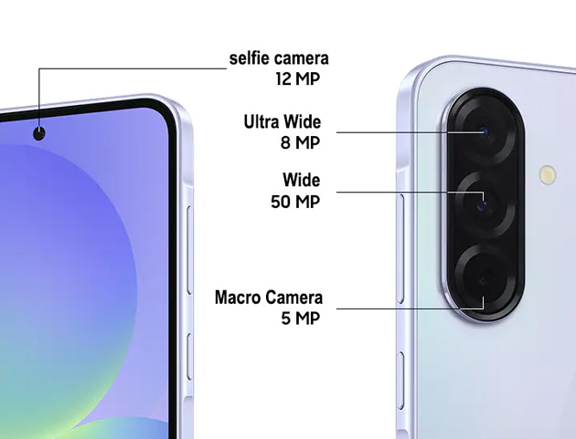 Close up of the Samsung Galaxy A36 showing its camera layout and specifications Close-up of the Samsung Galaxy A36 showing its camera layout and specifications. The front features a 12 MP punch-hole selfie camera. The rear shows a vertical triple-camera island containing an 8 MP Ultra Wide lens, a 50 MP Wide lens, and a 5 MP Macro camera.