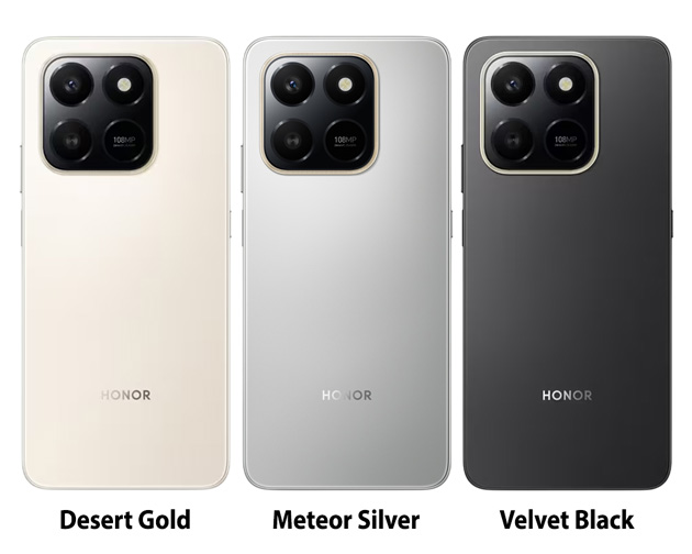 Honor X7d colors Desert Gold, Meteor Silver, and Velvet Black.
