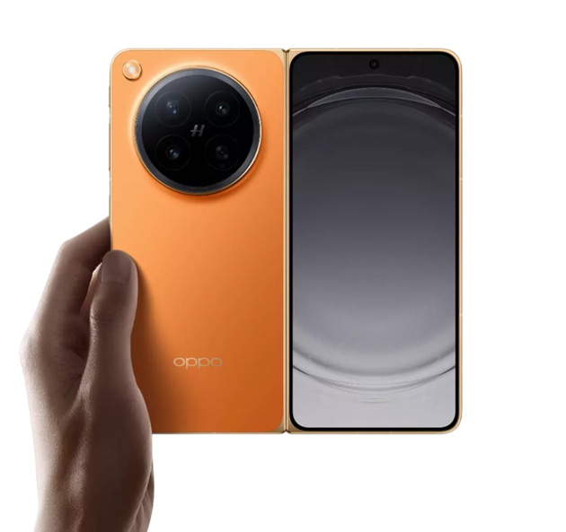 OPPO Find N6 Blossom Orange in hand, showing the back panel, triple camera module, and outer display.