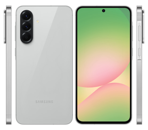 Quad view of the Samsung Galaxy A56 Lightgray, including the back panel, front display, and frame.