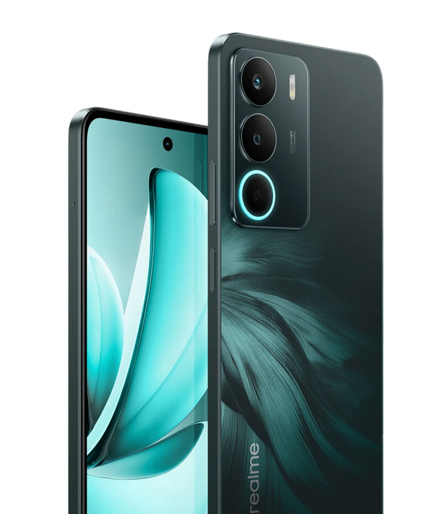 Realme C71 Forest Owl, showing the punch-hole display and the rear camera module with a 50MP sensor and integrated ring light.