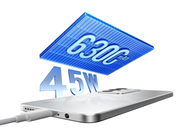 Realme C71 battery showing a 6300mAh capacity and 45W fast charging.