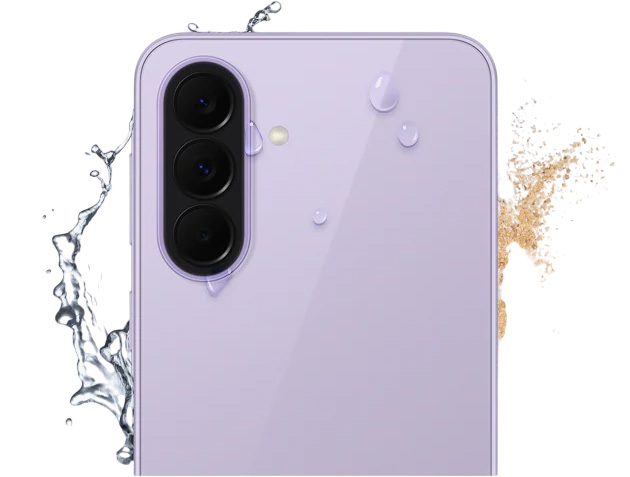 Rear view of the Samsung Galaxy A37 in a Lavender shown at an angle against a dramatic liquid water splash Rear view of the Samsung Galaxy A37 in a Lavender, shown at an angle against a dramatic liquid water splash.