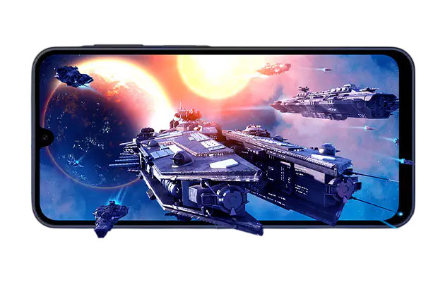 Samsung Galaxy A17 showing a graphical game scene with spaceships