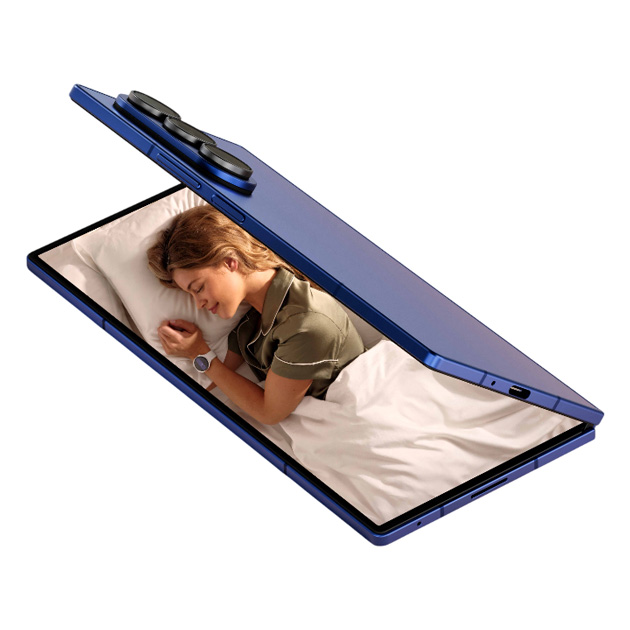 Samsung Galaxy Z Fold 7 Blue Shadow in a semi-folded position