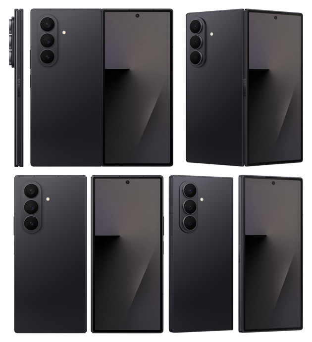 Samsung Galaxy Z Fold 7 Jet Black, front, back and side views.