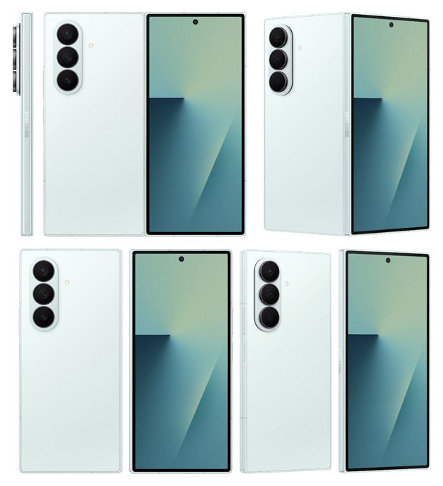 Samsung Galaxy Z Fold 7 Mint, front, back and side views.